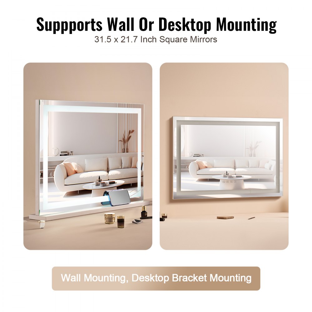 VEVOR Large Vanity Mirror with Lights and Bluetooth Speaker, Three Color Lighting Modes, Lighted Makeup LED Mirror,5X Magnification,USB,Smart Touch Control,Desktop Wall-Mount (31.5x21.7in, White)