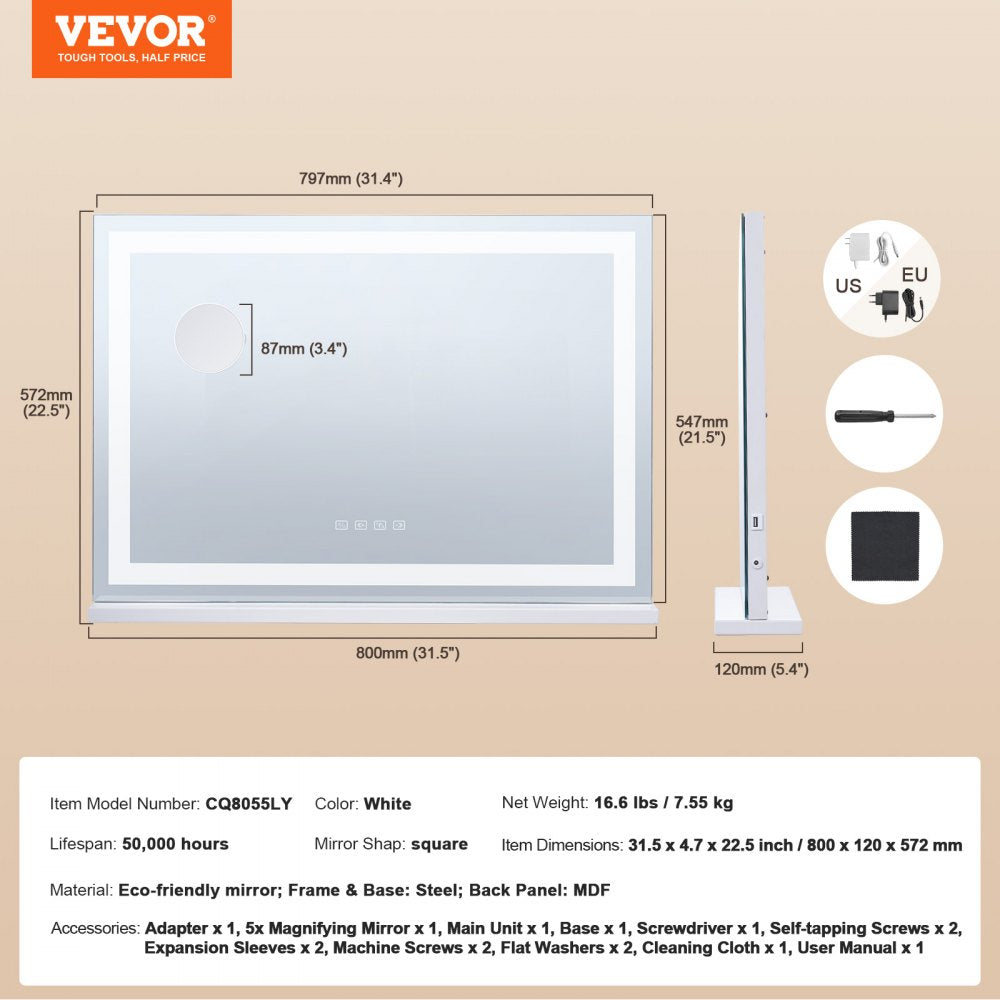 VEVOR Large Vanity Mirror with Lights and Bluetooth Speaker, Three Color Lighting Modes, Lighted Makeup LED Mirror,5X Magnification,USB,Smart Touch Control,Desktop Wall-Mount (31.5x21.7in, White)