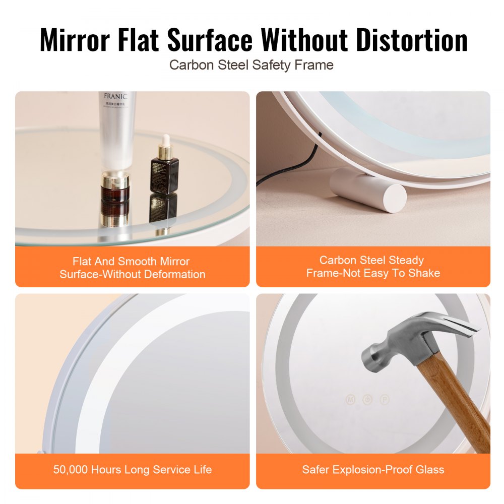 VEVOR 20” Vanity Mirror With Lights, LED Makeup Mirror 3 Color Lighting Modes, with 5X Magnification Mirror, Smart Touch Control, 360°Rotation,Round Lighted Makeup Mirror for Bedroom Tabletop (White)