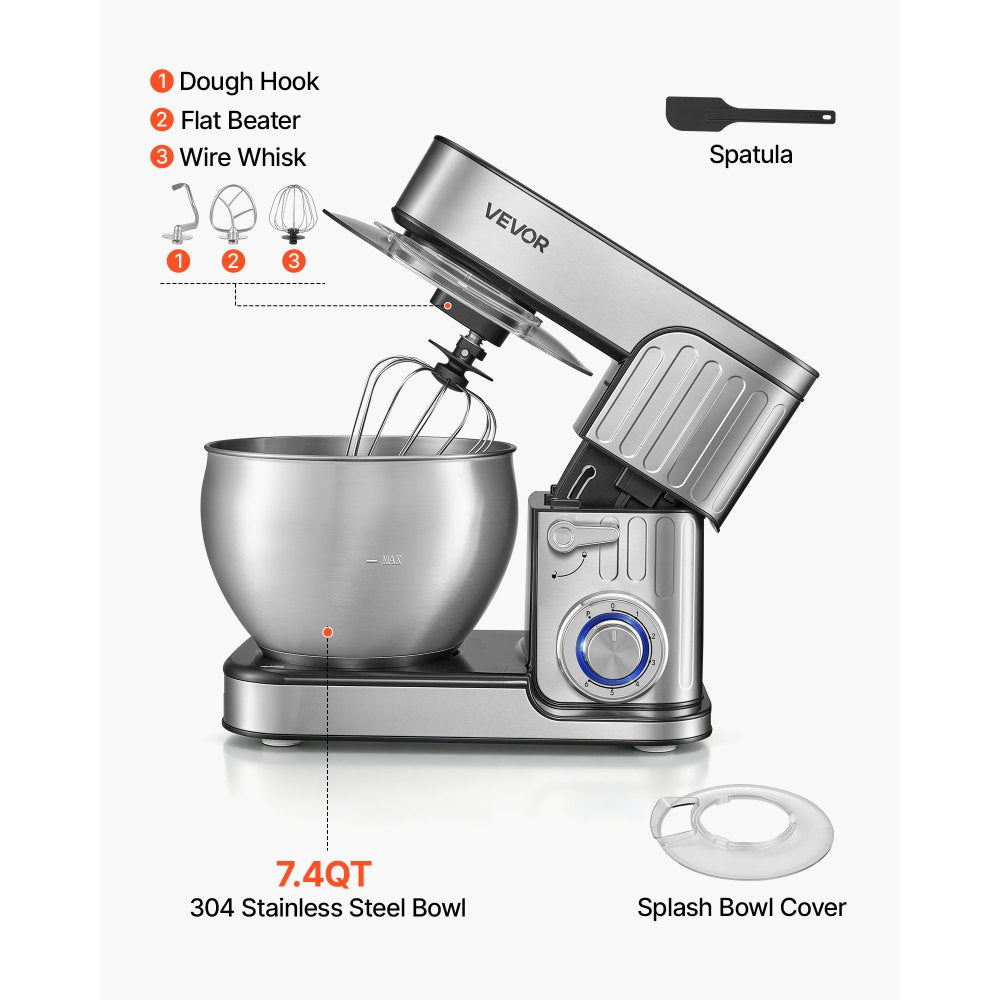 VEVOR 7.4 Qt Tilt Head Stand Mixer 500W Electric Dough Mixer, 6 Speeds with Pulse Food Kitchen Mixer with Stainless Steel Bowl, Splash Guard, Dough Hook, Whisk, Beater, for Baking Mixing