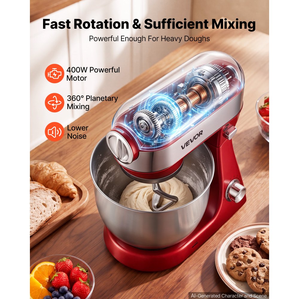 VEVOR 5.3 Qt Tilt Head Stand Mixer 400W Electric Dough Mixer, 10 Speeds Food Kitchen Mixer with Stainless Steel Bowl, Splash Guard, Dough Hook, Whisk, Beater, for Baking Mixing