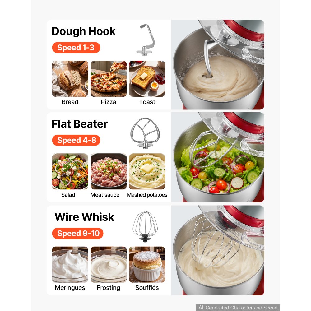 VEVOR 5.3 Qt Tilt Head Stand Mixer 400W Electric Dough Mixer, 10 Speeds Food Kitchen Mixer with Stainless Steel Bowl, Splash Guard, Dough Hook, Whisk, Beater, for Baking Mixing