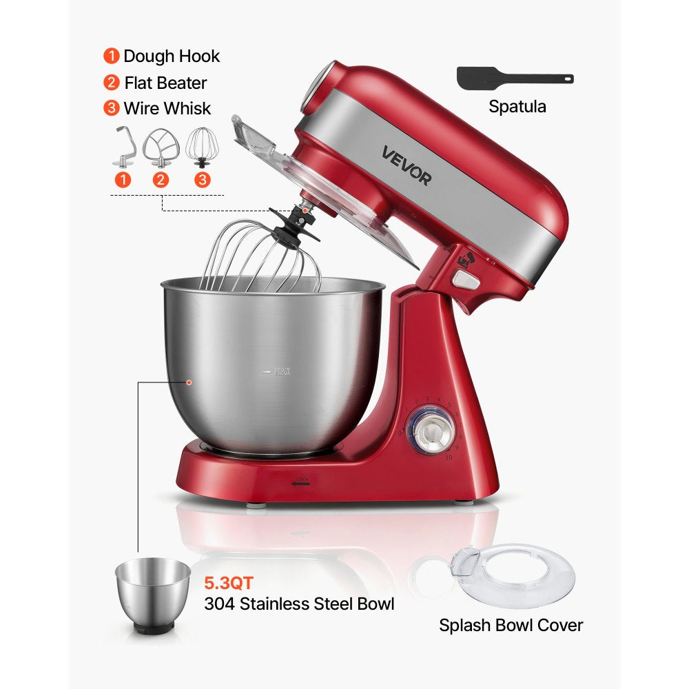 VEVOR 5.3 Qt Tilt Head Stand Mixer 400W Electric Dough Mixer, 10 Speeds Food Kitchen Mixer with Stainless Steel Bowl, Splash Guard, Dough Hook, Whisk, Beater, for Baking Mixing