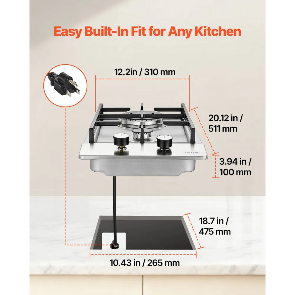 VEVOR Gas Cooktop 12 inch, Max 12250BTU 2 Burners Built-in Stainless Steel Gas Stove Top, LPG/NG Convertible Dual Fuel Natural Gas Hob with Thermocouple Protection for Outdoor, Kitchen, Camping, RV