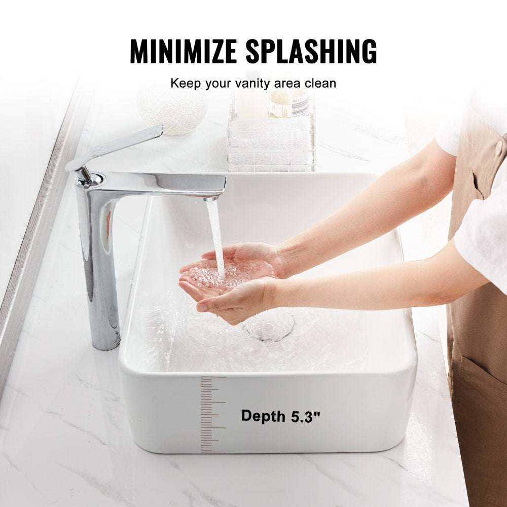 VEVOR Rectangle Vessel Sink, 19" x 14.7" Bathroom Vessel Sink Countertop, White Ceramic Bathroom Sinks Above Counter, Modern Style, Bright and Elegant, Well-Packaged for Bathroom, Hotel, Toilet, RV