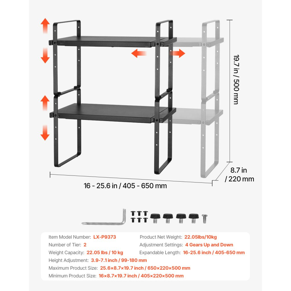 VEVOR Adjustable Kitchen Cabinet Shelf Organizer, Expandable 2 Tier Cabinet Shelf, Stackable Countertop Organizers and Storage Shelf Risers, Pantry Organizers for Kitchen Bathroom Office, Black