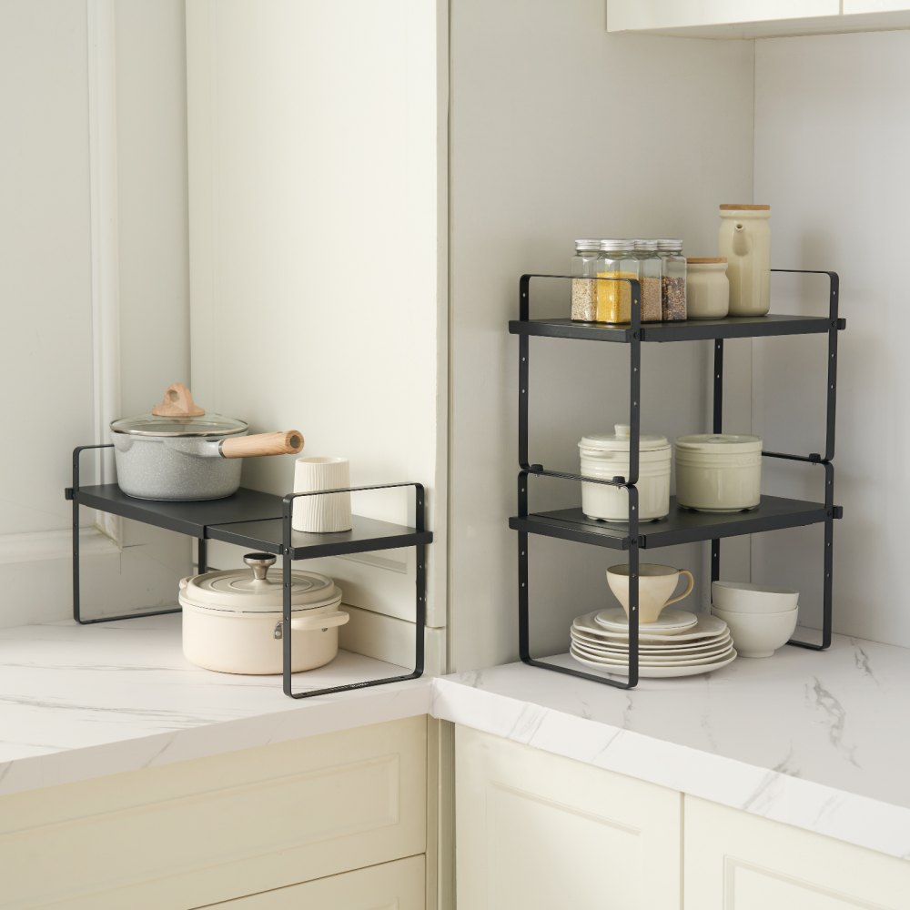 VEVOR Adjustable Kitchen Cabinet Shelf Organizer, Expandable 2 Tier Cabinet Shelf, Stackable Countertop Organizers and Storage Shelf Risers, Pantry Organizers for Kitchen Bathroom Office, Black