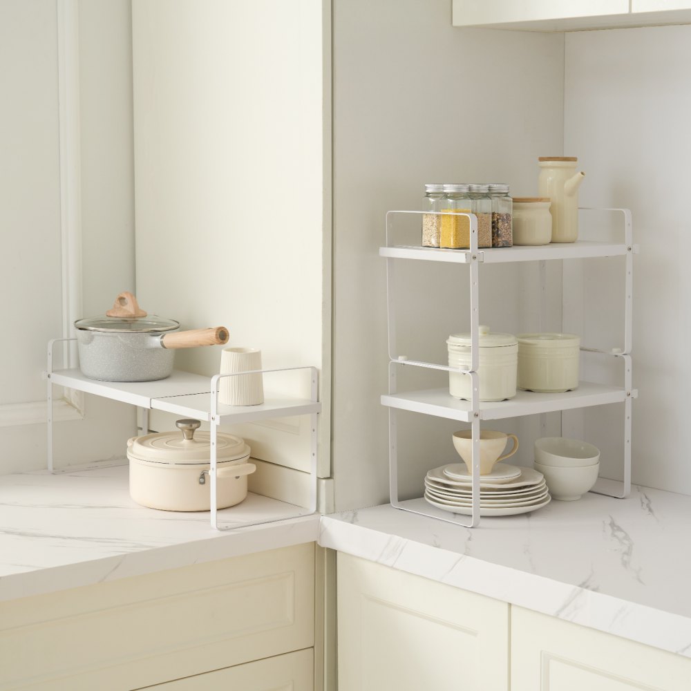 VEVOR Adjustable Kitchen Cabinet Shelf Organizer, Expandable 2 Tier Cabinet Shelf, Stackable Countertop Organizers and Storage Shelf Risers, Pantry Organizers for Kitchen Bathroom Office, White