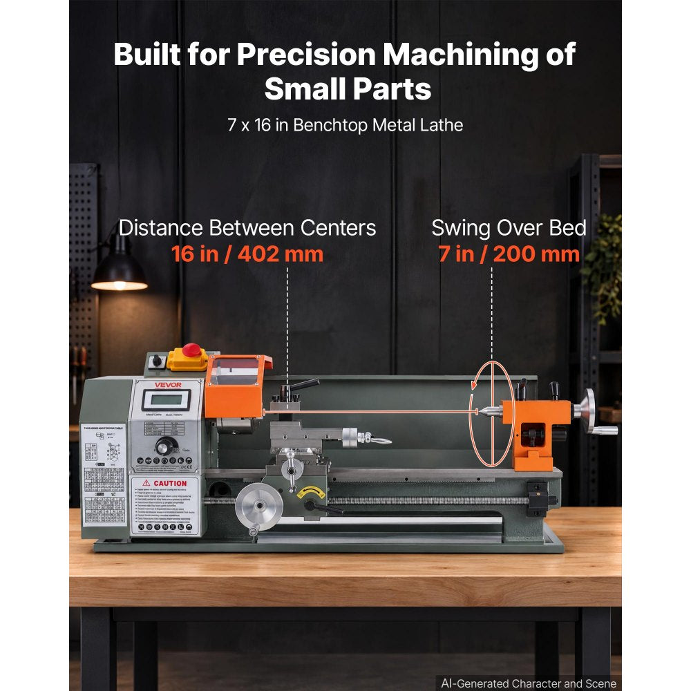 VEVOR Mini Metal Lathe 7" x 16" 750W Benchtop Lathe Machine Variable Speed, for Precision Metalworking Turning, 2500 RPM Max Speed, with Metal Gear, LED Display, Supports 10 Metric 10 Imperial Threads