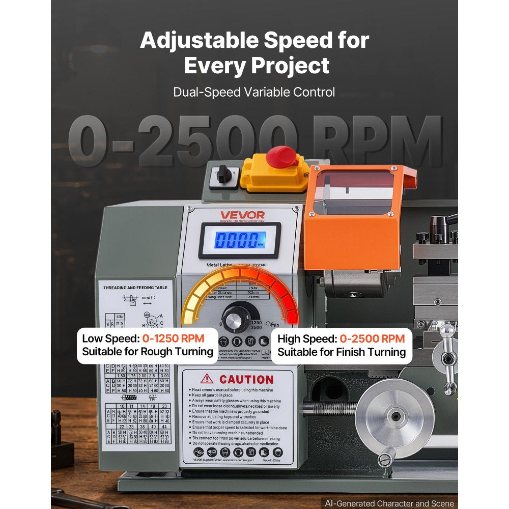 VEVOR Mini Metal Lathe 7" x 16" 750W Benchtop Lathe Machine Variable Speed, for Precision Metalworking Turning, 2500 RPM Max Speed, with Metal Gear, LED Display, Supports 10 Metric 10 Imperial Threads