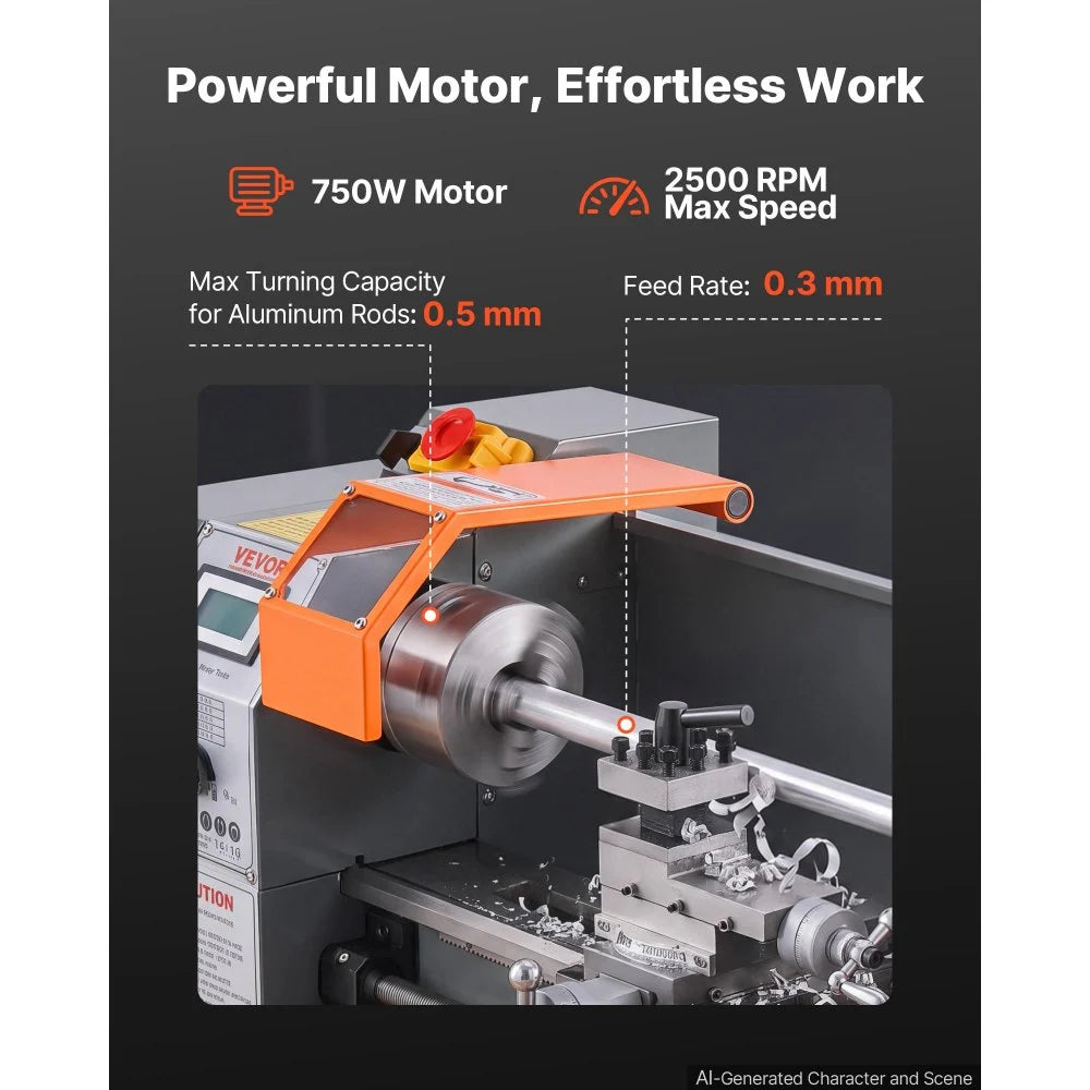 VEVOR Mini Metal Lathe 7" x 16" 750W Benchtop Lathe Machine Variable Speed, for Precision Metalworking Turning, 2500 RPM Max Speed, with Metal Gear, LED Display, Supports 10 Metric 10 Imperial Threads