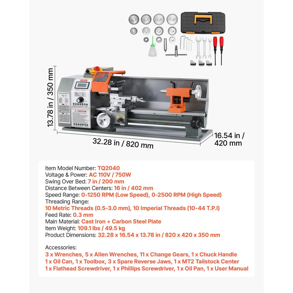 VEVOR Mini Metal Lathe 7" x 16" 750W Benchtop Lathe Machine Variable Speed, for Precision Metalworking Turning, 2500 RPM Max Speed, with Metal Gear, LED Display, Supports 10 Metric 10 Imperial Threads