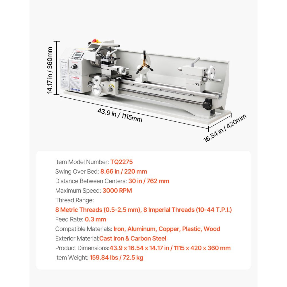 VEVOR Metal Lathe 8.7 x 30 in 1100W Benchtop Lathe Machine Variable Speed, 3000 RPM Max Spindle Speed, with Metal Gear, Brushless Motor, 8 Metric 8 Imperial Threads, for Metalworking Threading Turning