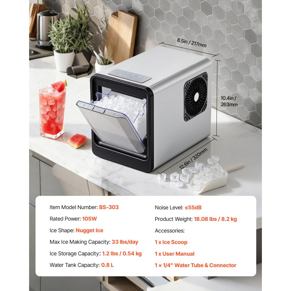 VEVOR Countertop Ice Maker, 33 lbs per Day, Self-Cleaning Portable Machine with Scoop, Drawer-Style Ice Access, Nugget Ice-Making Machine with Chewable Ices for Home, Kitchen, Office, Bar & Party