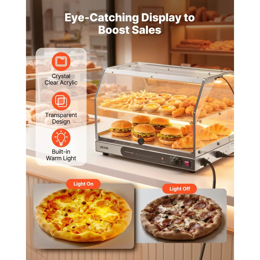 VEVOR 2-Tier Commercial Food Warmer Display, 450W Food Display Warmer with Light, Detachable Shelves and Double-Sided Door Design, 85℉~185℉ Air Heating, 48L for Hamburger, Pizza, Bread, Fried Chicken
