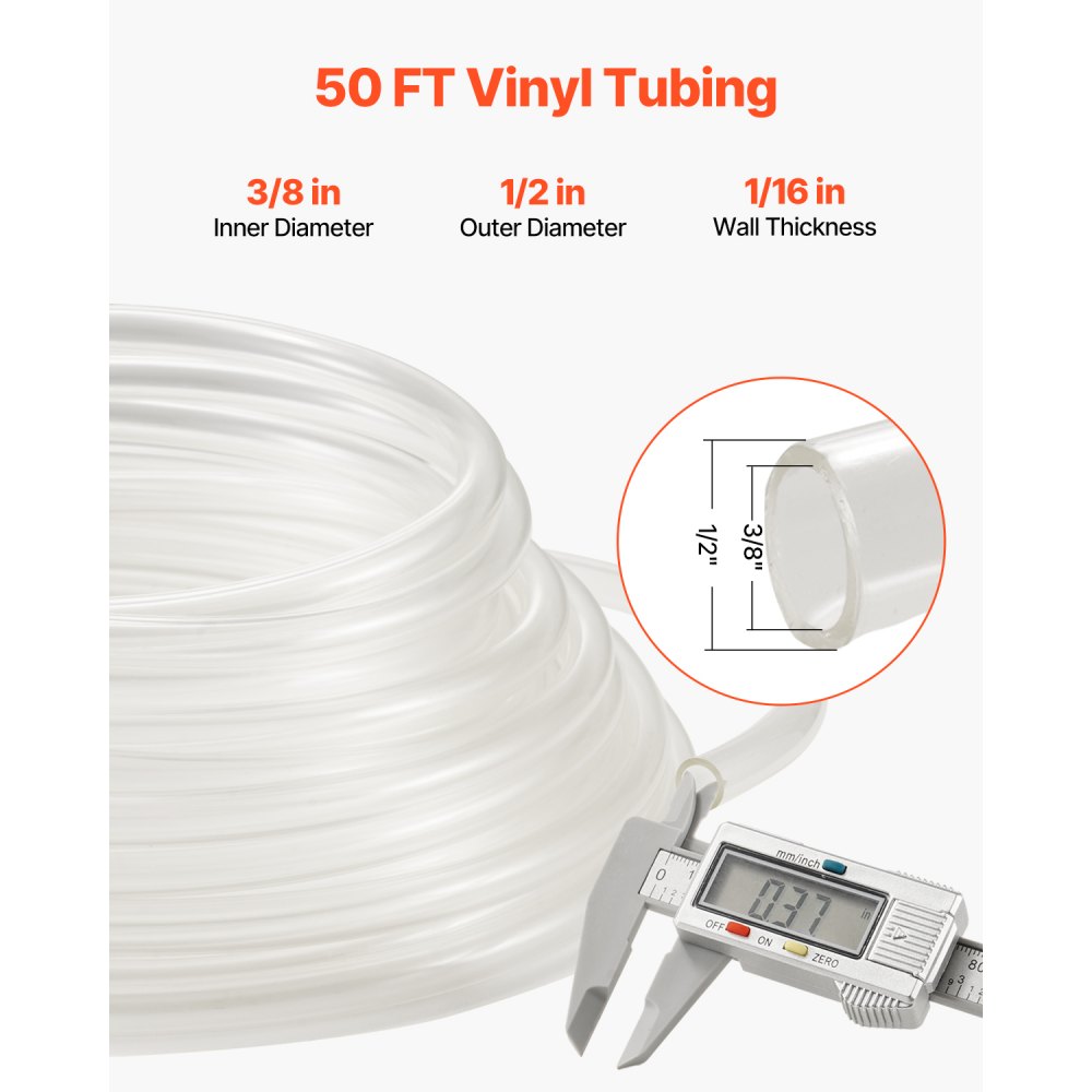 VEVOR Clear Vinyl Tubing, 3/8" ID x 1/2" OD, 50FT Plastic PVC Tubing, Flexible and Cuttable Clear Hose, 1/16 in Wall Thickness, High-strength PVC Material for Aquarium Irrigation Swimming Pool Lab