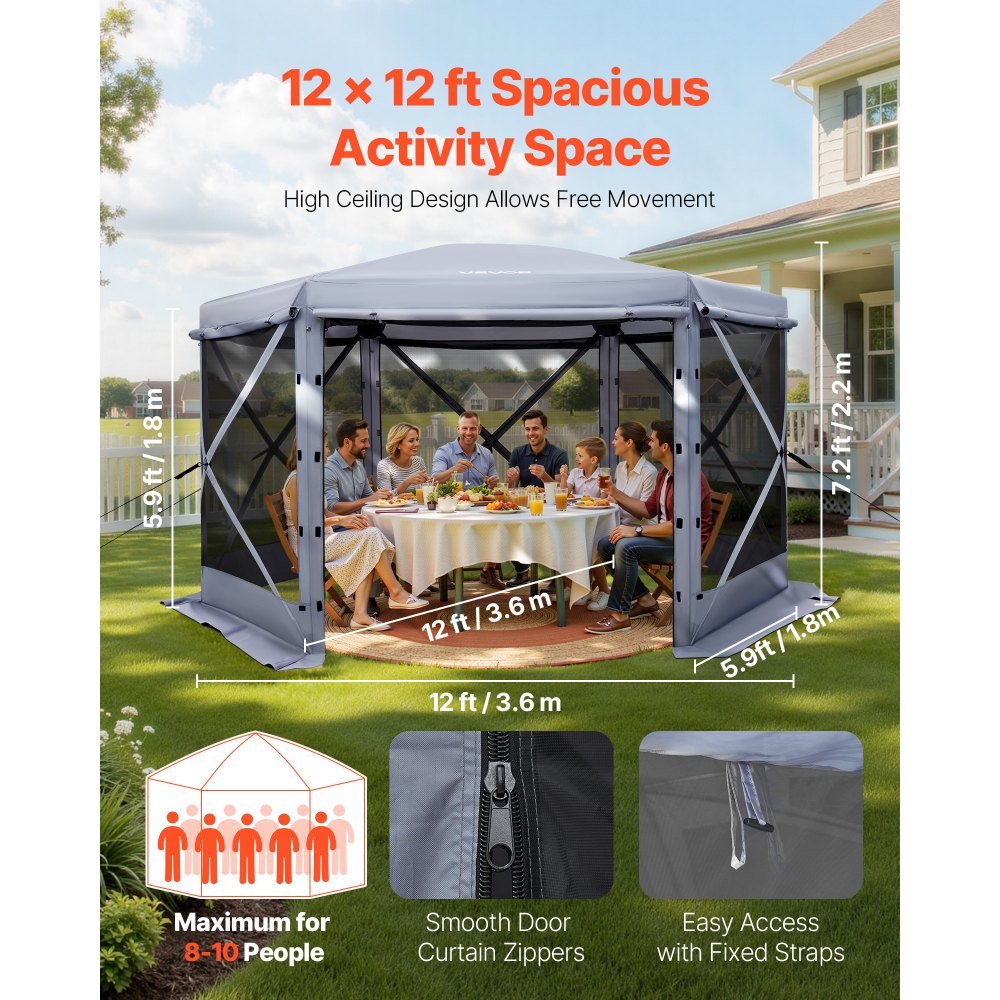 VEVOR Pop up Gazebo Screen Tent, 12 x 12 ft Large 6-Sided Camping Canopy Tent with Removable Top & Carry Bag, Quick-Set & Bite-Proof, Screen House Sun Shelter for 8-10 Persons Backyard Patio, Grey