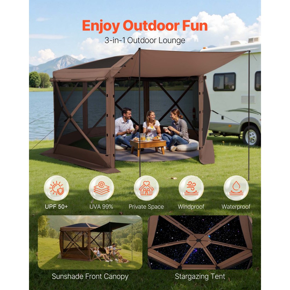 VEVOR Pop up Gazebo Screen Tent, 12 x 12 ft Large 6-Sided Camping Canopy Tent with Removable Top & Carry Bag, Quick-Set & Bite-Proof, Screen House Sun Shelter for 8-10 Persons Backyard Patio, Brown