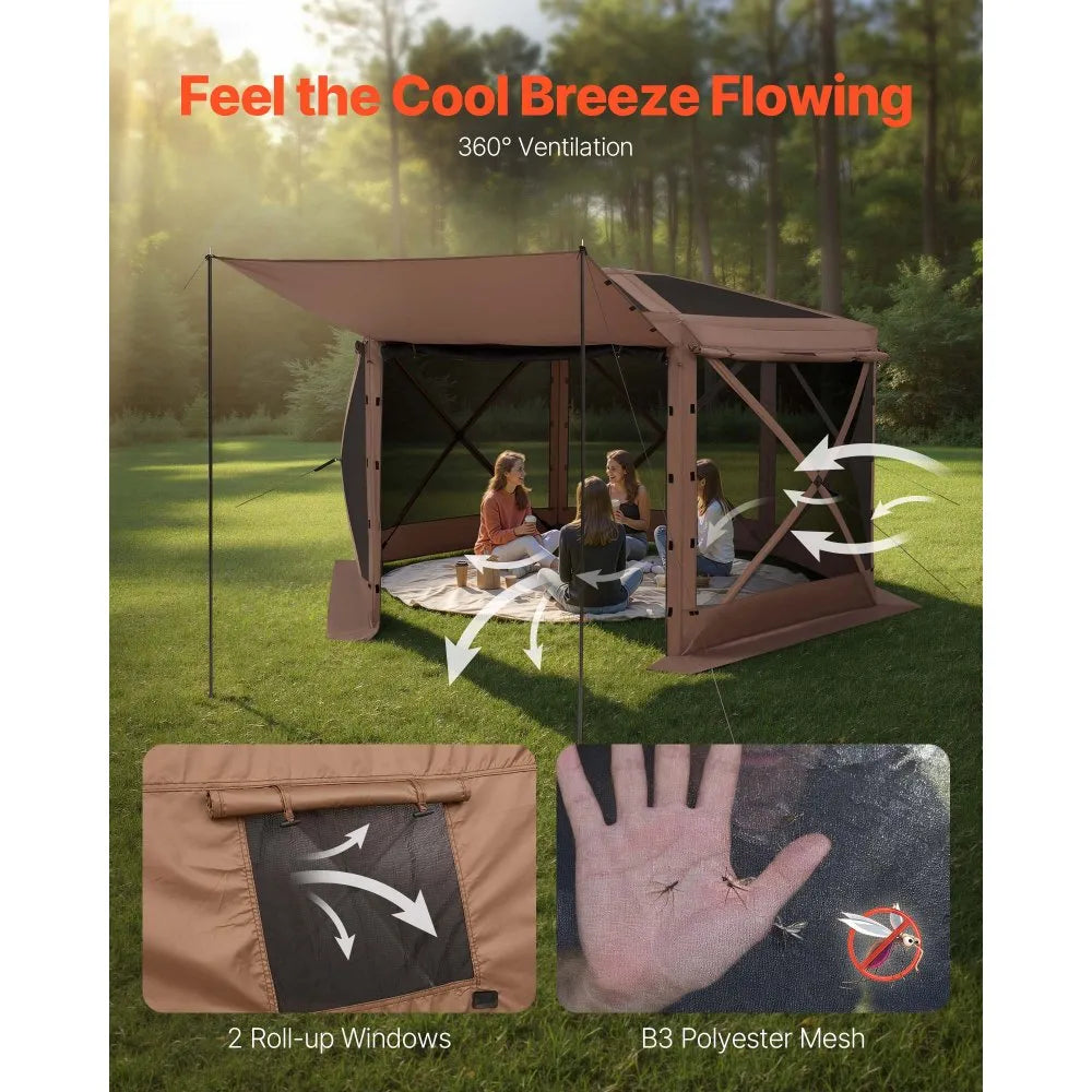 VEVOR Pop up Gazebo Screen Tent, 12 x 12 ft Large 6-Sided Camping Canopy Tent with Removable Top & Carry Bag, Quick-Set & Bite-Proof, Screen House Sun Shelter for 8-10 Persons Backyard Patio, Brown