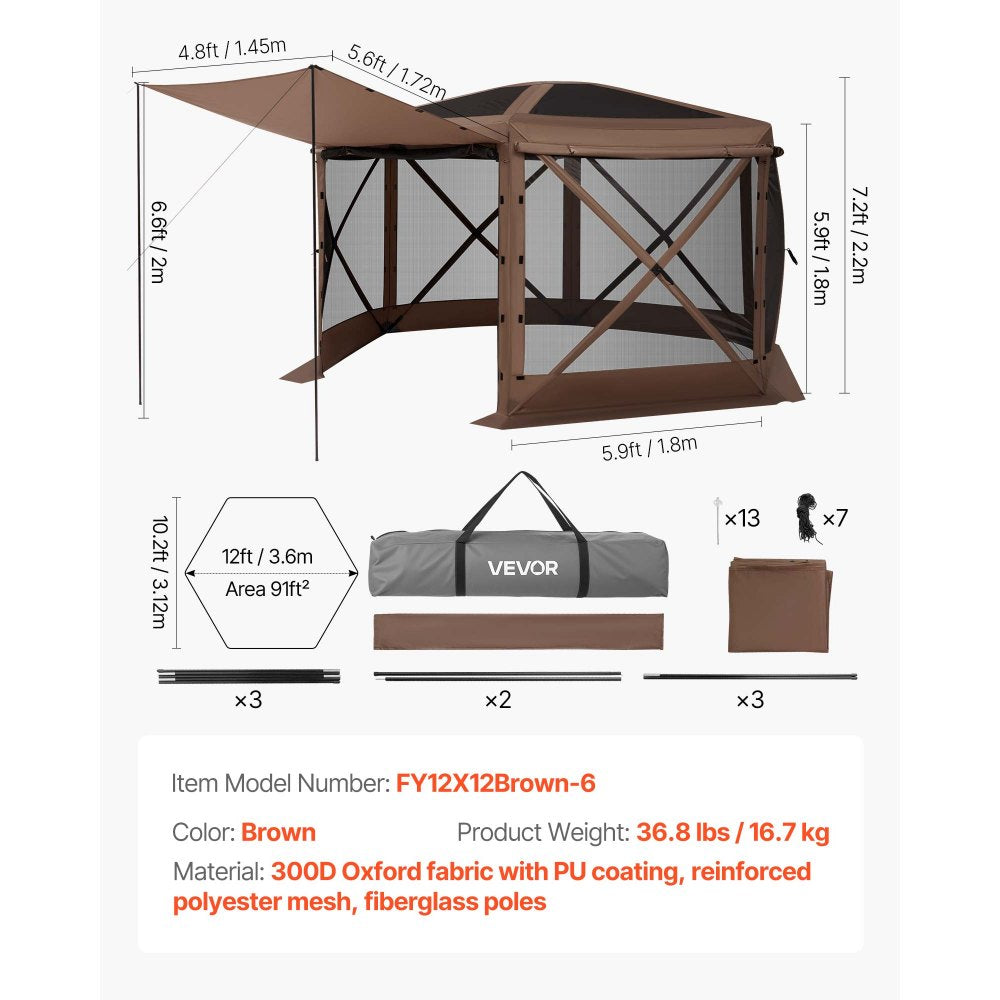 VEVOR Pop up Gazebo Screen Tent, 12 x 12 ft Large 6-Sided Camping Canopy Tent with Removable Top & Carry Bag, Quick-Set & Bite-Proof, Screen House Sun Shelter for 8-10 Persons Backyard Patio, Brown
