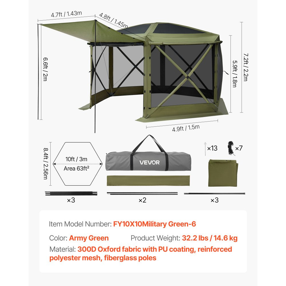 VEVOR Pop up Gazebo Screen Tent, 10 x 10 ft Large 6-Sided Camping Canopy Tent with Removable Top & Carry Bag, Quick-Set & Bite-Proof, Screen House Sun Shelter for 6-8 Persons Backyard Patio, Green
