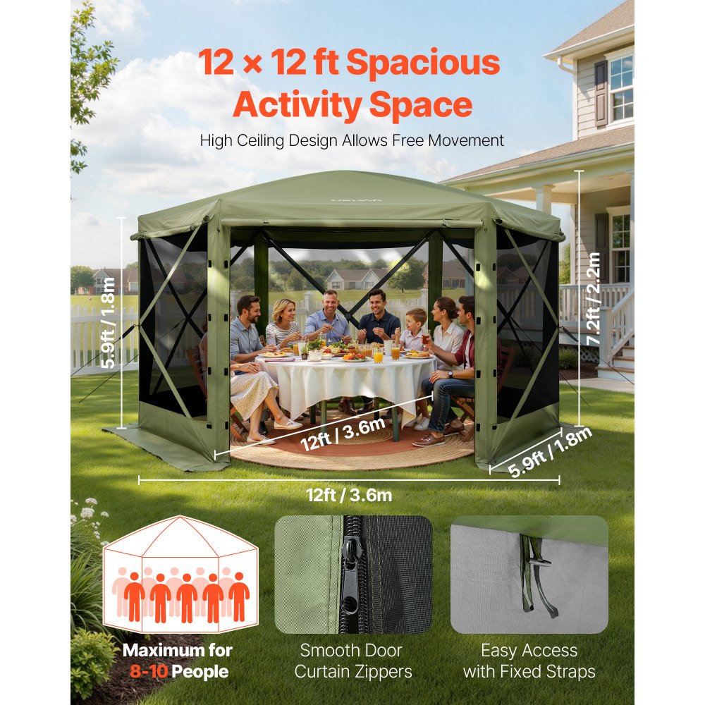 VEVOR Pop up Gazebo Screen Tent, 12 x 12 ft Large 6-Sided Camping Canopy Tent with Removable Top & Carry Bag, Quick-Set & Bite-Proof, Screen House Sun Shelter for 8-10 Persons Backyard Patio, Green