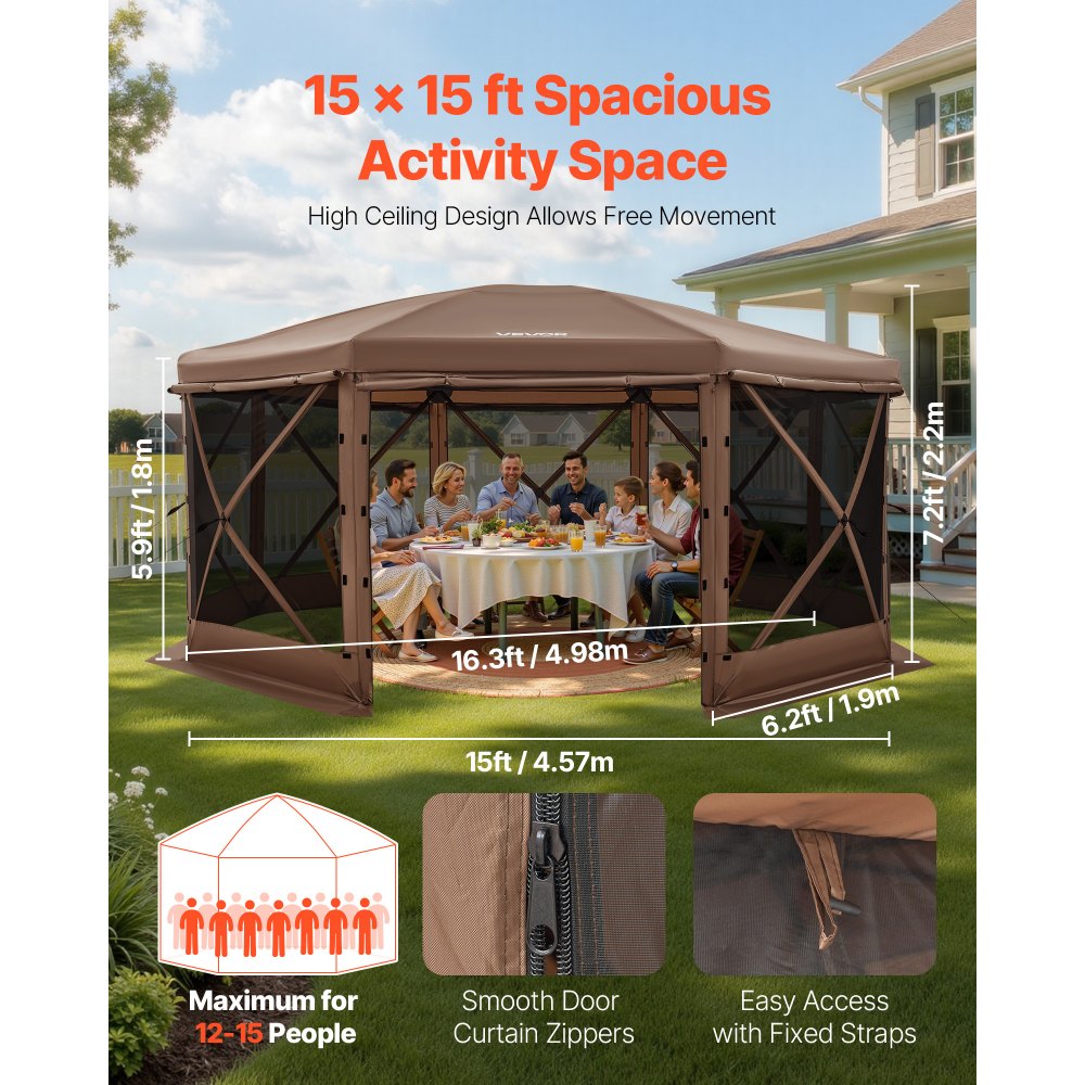15 x 15 ft spacious activity space infographic (dimensions shown)