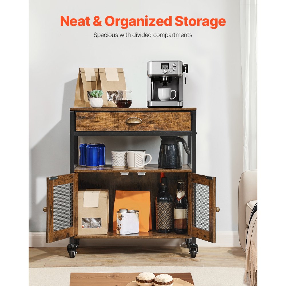 VEVOR Coffee Bar Cabinet, 24 Inch Farmhouse Coffee Bar Cabinet with Storage, Movable Coffee Bar Table with Wheels & Mesh Door, Sideboard Buffet Cabinet for Kitchen, Entryway