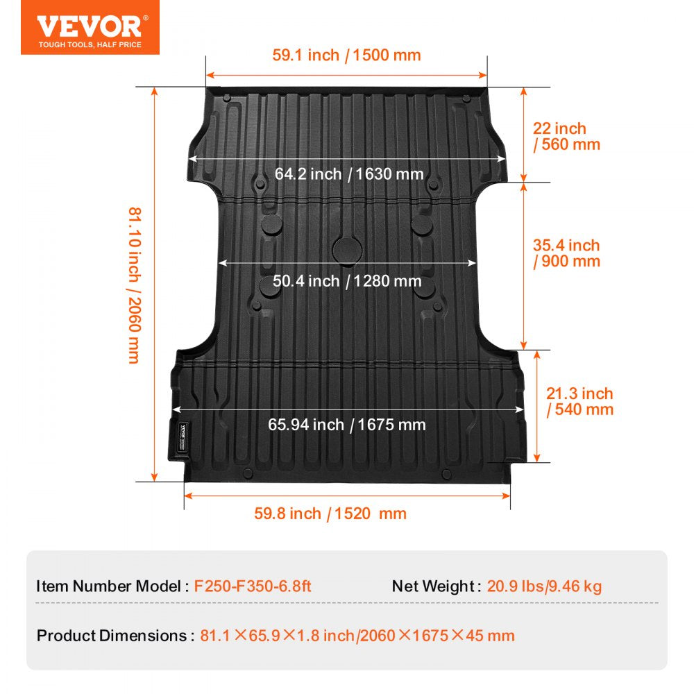 VEVOR Truck Bed Mat, Compatible with 2017-2024 Ford F250/F350, TPE Truck Bed Liner Mat Fits for 6.8 FT Bed, Thick and Heavy-Duty Bed Mat Car Accessories for All-Weather Protection, Prevent Slipping
