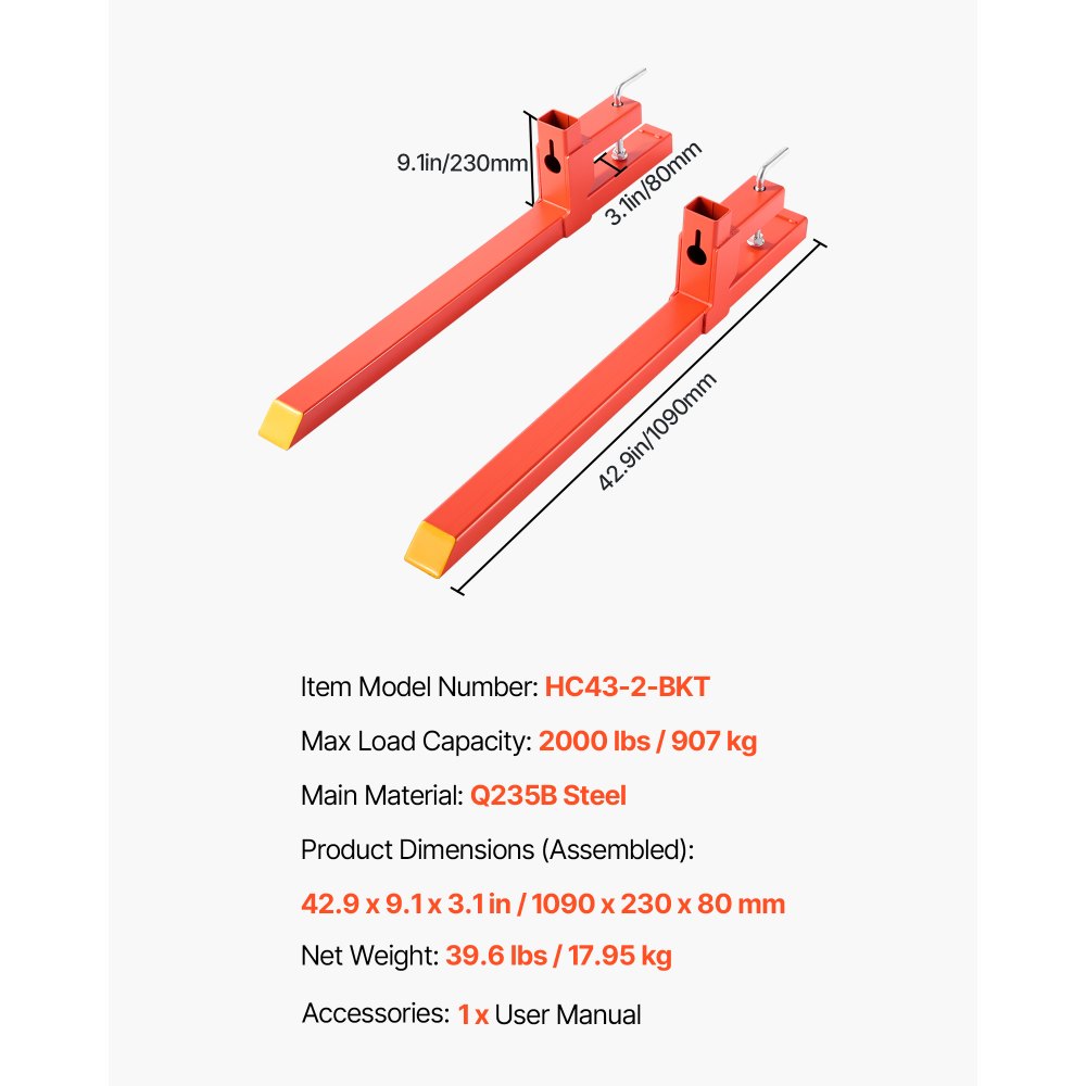 VEVOR Pallet Forks, 2000 lbs Clamp on Pallet Forks, 43-Inch Total Length Heavy-Duty Quick Attach Tractor Fork Compatible with Tractor Attachments, Loader Bucket, and Skid Steer, Orange