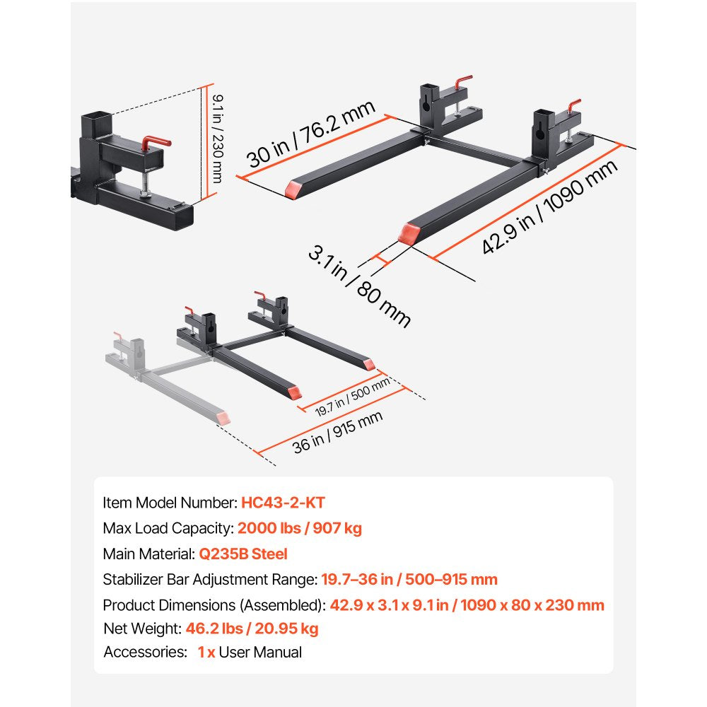 VEVOR Pallet Forks, 2000 lbs Clamp on Pallet Forks, 43-Inch Total Length Heavy-Duty Tractor Fork with Adjustable Stabilizer Bar for Tractor Attachments, Loader Bucket, and Skid Steer, Black