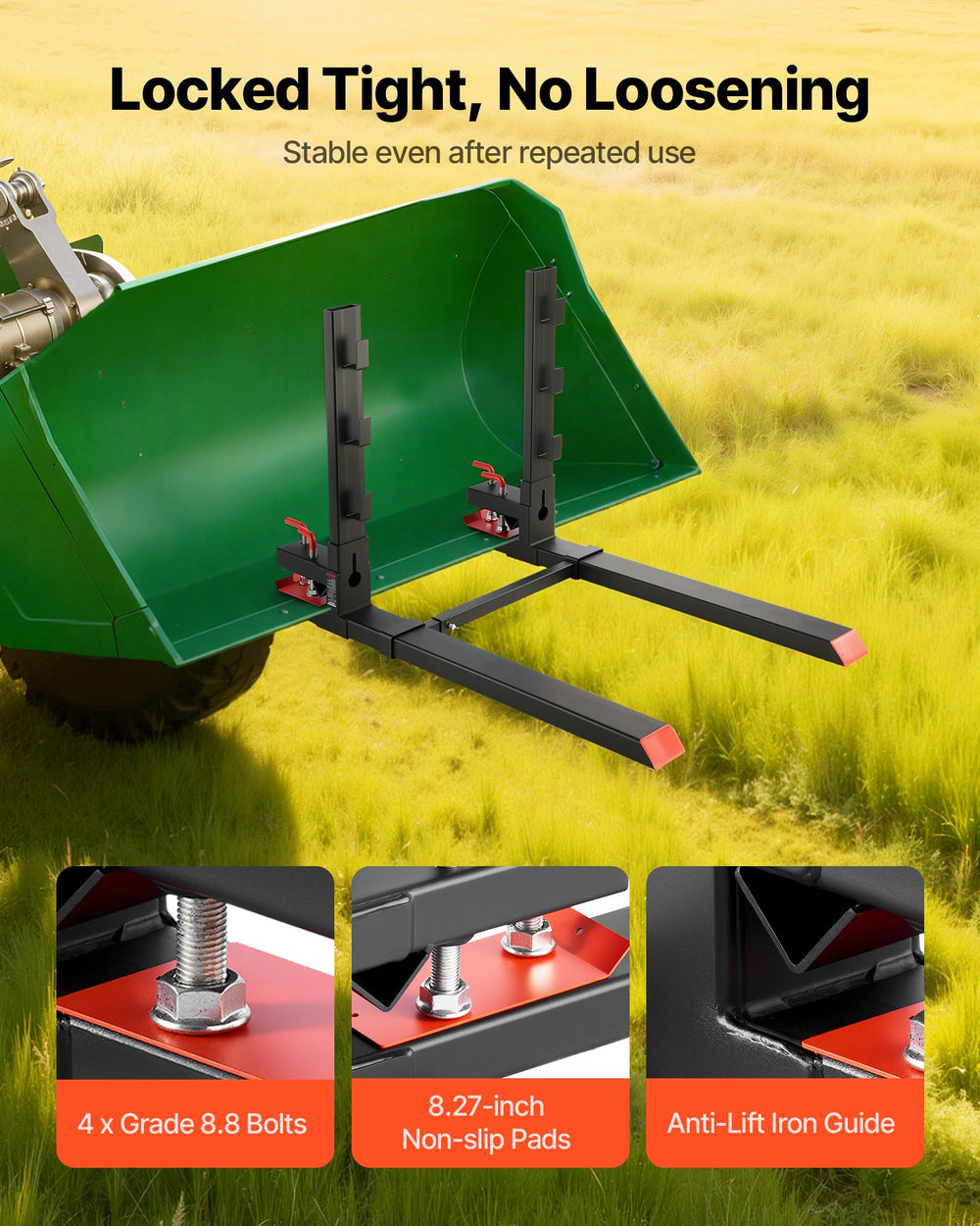 Locked tight, no loosening clamp details (Grade 8.8 bolts, non-slip pads, anti-lift guide)