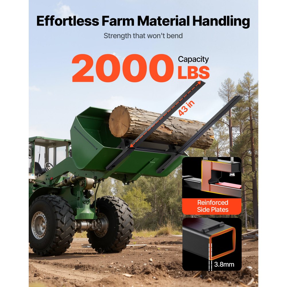 VEVOR Pallet Forks, 2000 lbs Clamp on Pallet Forks, 60-Inch Total Length Heavy-Duty Tractor Fork with Adjustable Stabilizer Bar for Tractor Attachments, Loader Bucket, and Skid Steer, Black