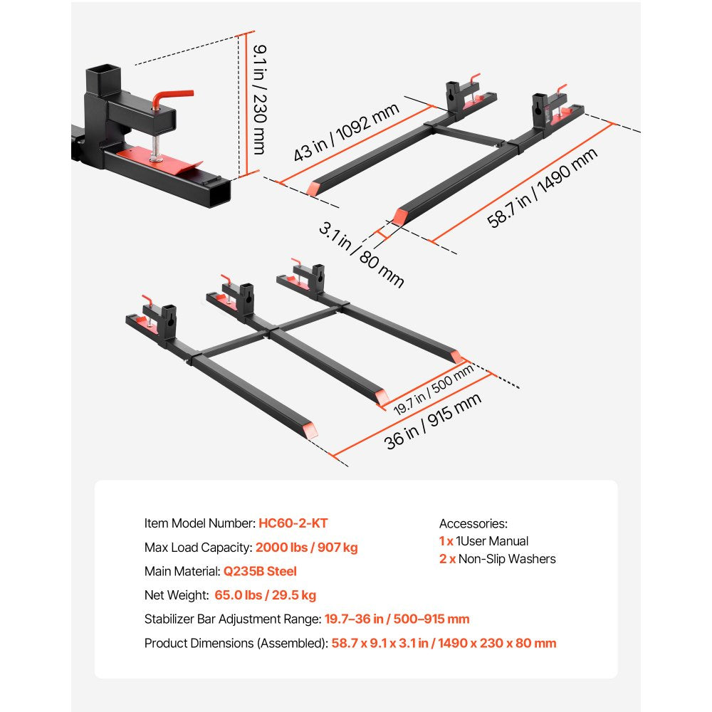 VEVOR Pallet Forks, 2000 lbs Clamp on Pallet Forks, 60-Inch Total Length Heavy-Duty Tractor Fork with Adjustable Stabilizer Bar for Tractor Attachments, Loader Bucket, and Skid Steer, Black