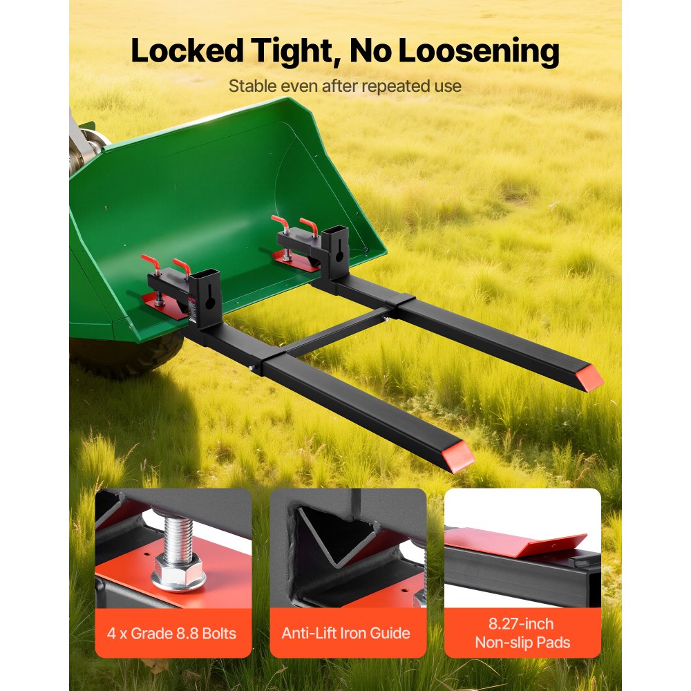 VEVOR Pallet Forks, 4000 lbs Clamp on Pallet Forks, 60-Inch Total Length Heavy-Duty Tractor Fork with Adjustable Stabilizer Bar for Tractor Attachments, Loader Bucket, and Skid Steer, Black