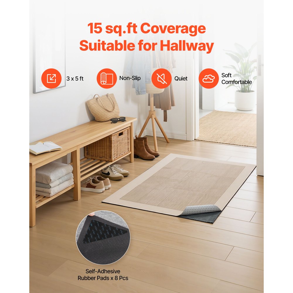 VEVOR Rug Pad 3 x 5 ft, Non-slip Carpet Area Pad, Rug Mat Padding with Dual Surface Felt Cushion & Rubber Gripper, Hardwood Floor Protection for All Floors, Finishes, Keeps Carpets in Place