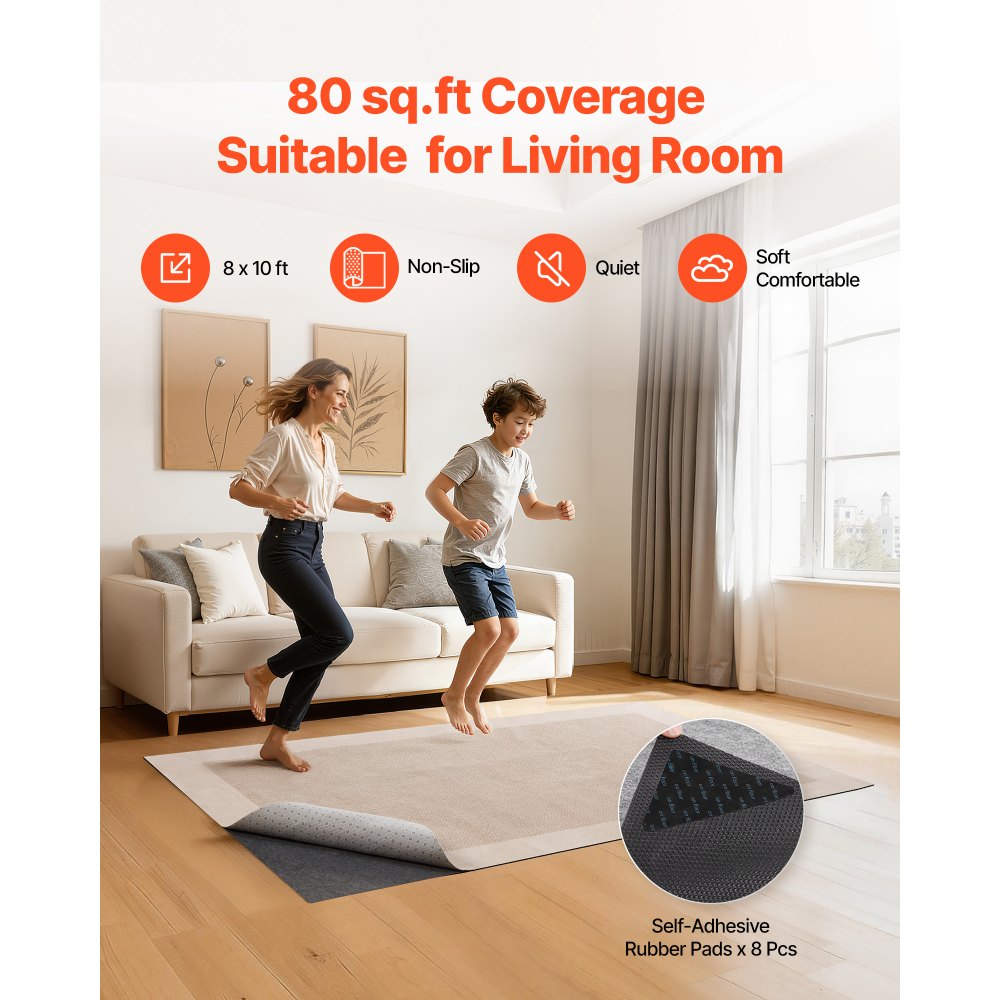VEVOR Rug Pad 8 x 10 ft, Non-slip Carpet Area Pad, Rug Mat Padding with Dual Surface Felt Cushion & Rubber Gripper, Hardwood Floor Protection for All Floors, Finishes, Keeps Carpets in Place