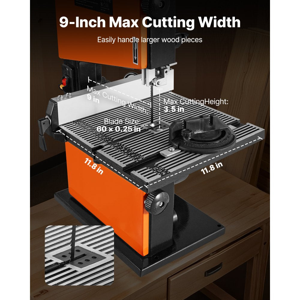 VEVOR Band Saw, 9-Inch, Woodworking Benchtop Bandsaw with 1/2 HP Motor, 3.5-Inch Max Cutting Height, 11.8 x 11.8 in Cast Aluminum Table, 0-45° Tilting Range, with Miter Gauge, Fence, for Woodworking