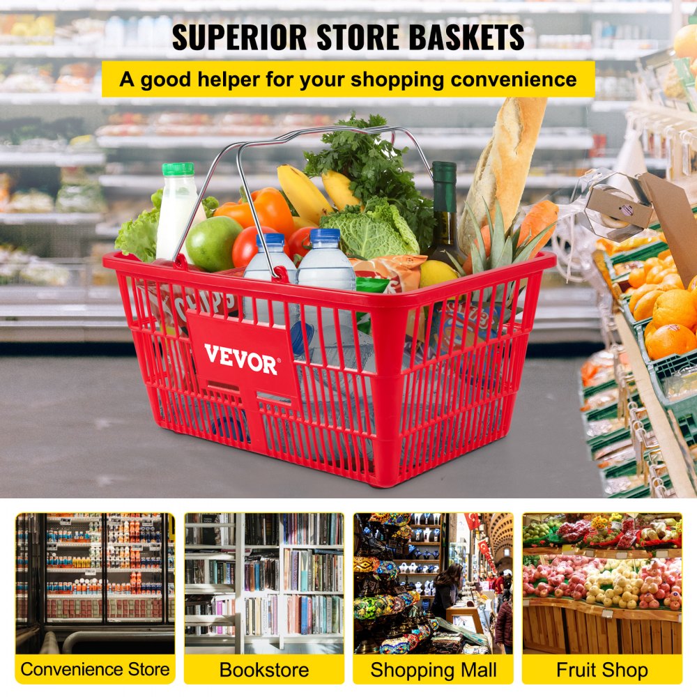 VEVOR Shopping Baskets, 12-Pack, Red, Sturdy Polyethylene with Handles and Stand, Size: 16.9"L x 11.8"W x 8.07"H, Suitable for Stores & Groceries - Capacity: 21 L/5.6 Gal