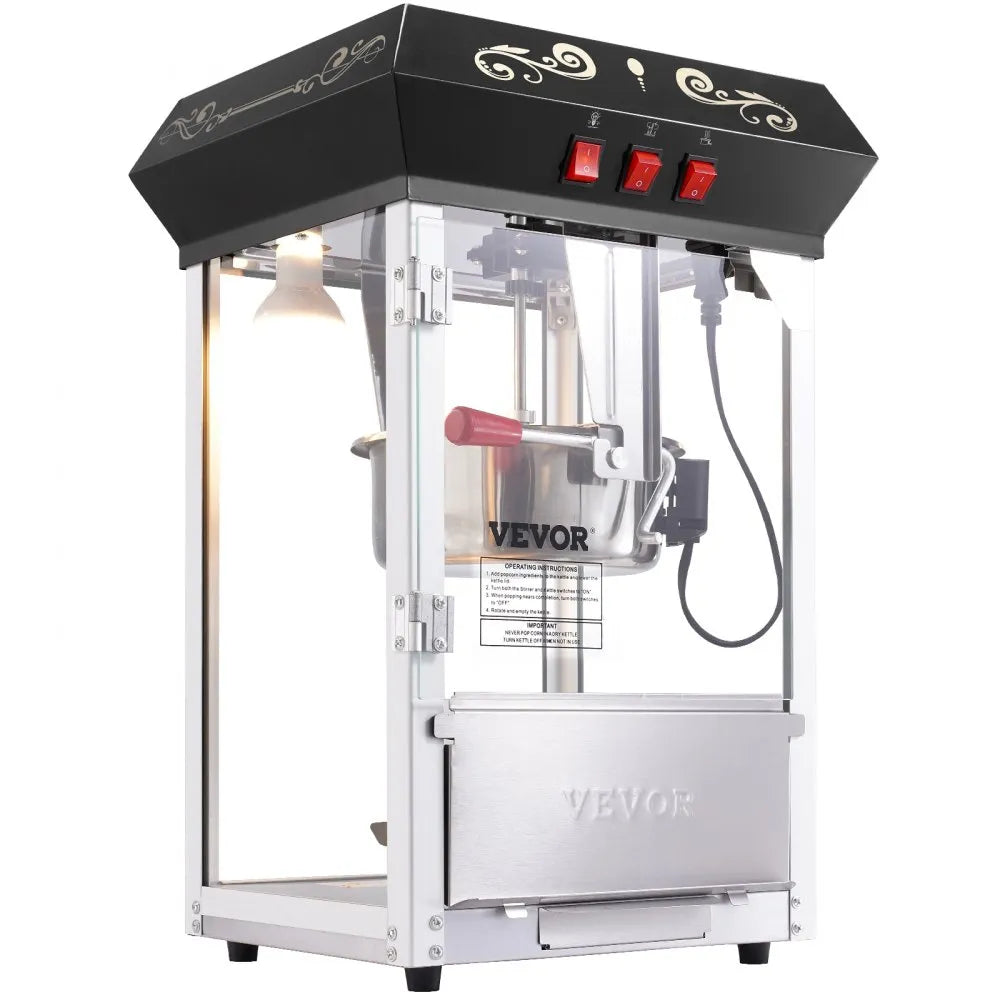 VEVOR Popcorn Maker, 850W Popcorn Popper Machine, 8 Oz Kettle Makes 48 Cups per Batch, Countertop Popcorn Maker with Tempered Glass, Includes 4 Scoops, Movie Theater Style, Black