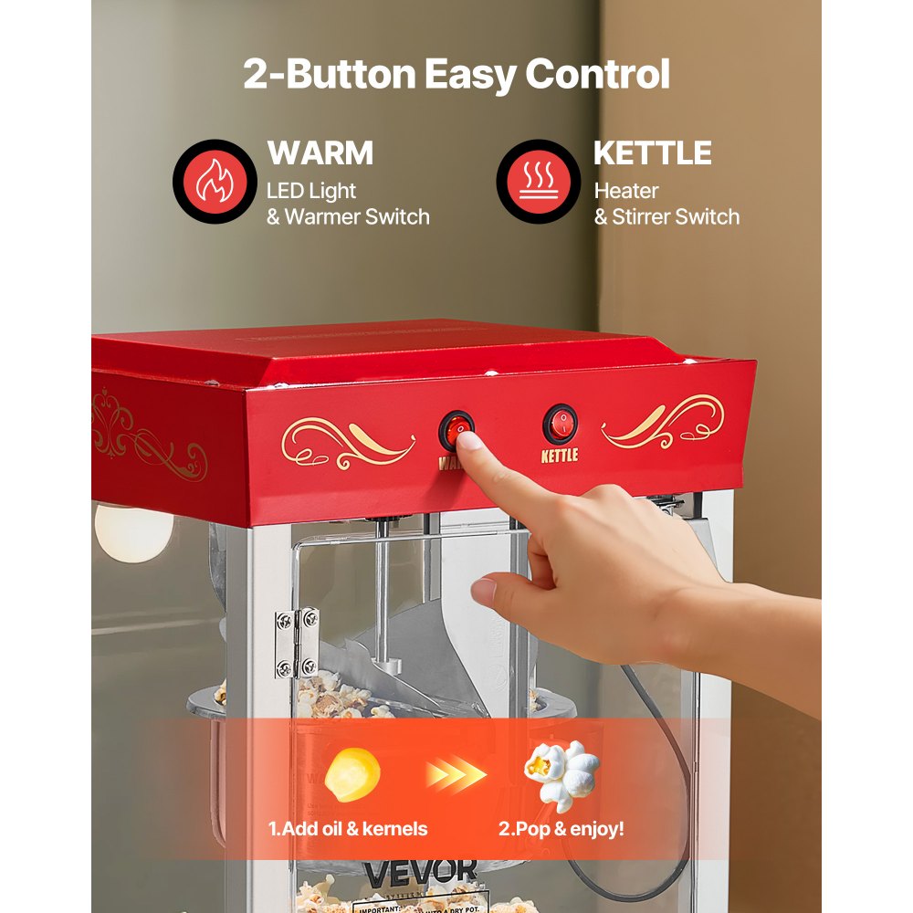 VEVOR Popcorn Machine, 8oz Stainless Steel Kettle, 800W Commercial Countertop Popcorn Maker, 48 Cups per Batch Theater Style Popper, with 2-Button Control Glass Wall PC Door 1 Scoop 3 Spoons, Red