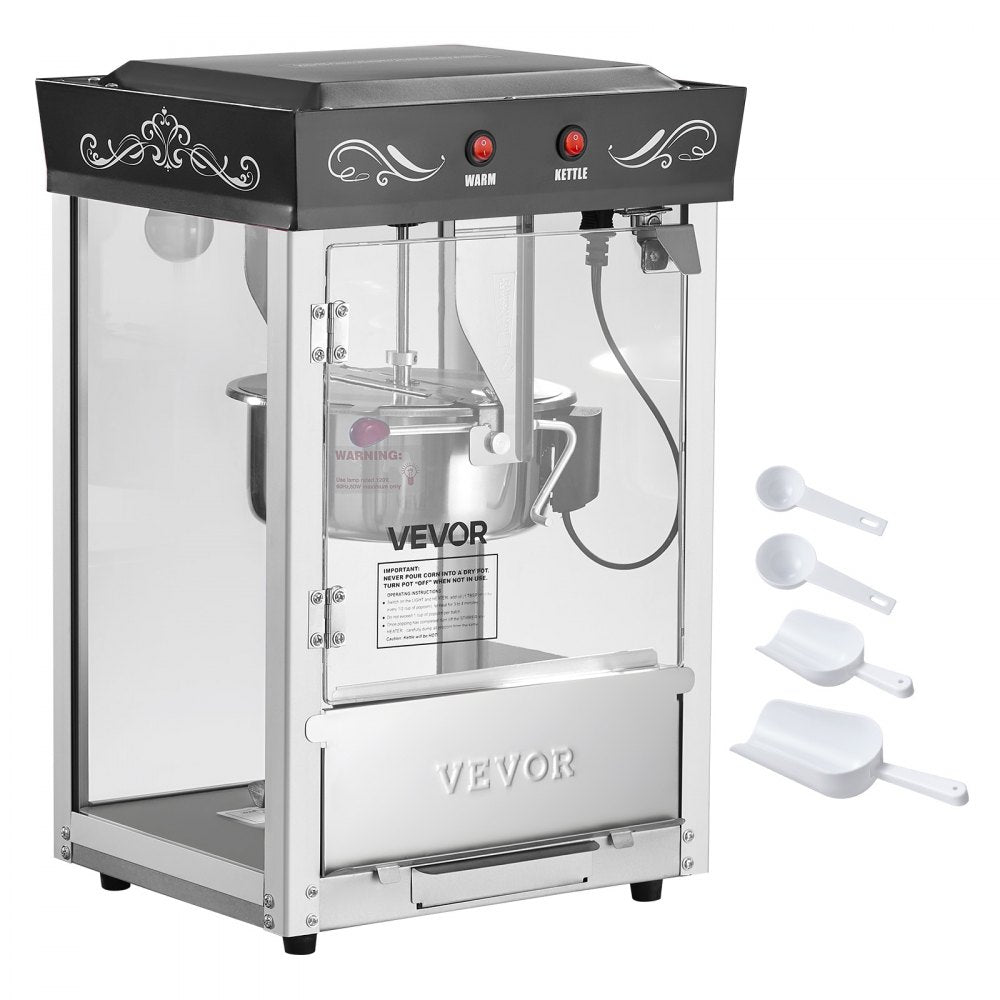 VEVOR Popcorn Machine, 8oz Stainless Steel Kettle, 800W Commercial Countertop Popcorn Maker, 48 Cups per Batch Theater Style Popper, with 2-Button Control Glass Wall PC Door 1 Scoop 3 Spoons, Black