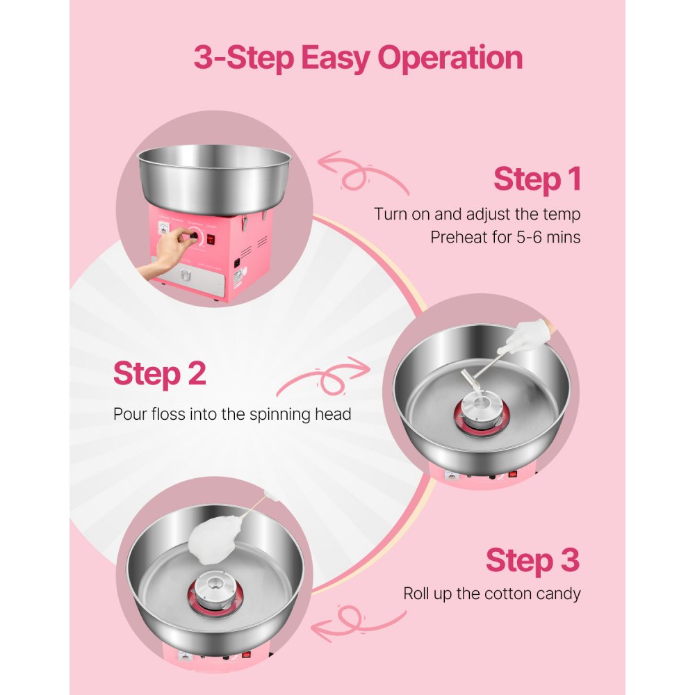 VEVOR Electric Cotton Candy Machine, 1000W Commercial Candy Floss Maker with 20.5 in Stainless Steel Bowl, Sugar Scoop, and Drawer, Easy Home Use, Perfect for Kids Birthday, Family Party, Pink