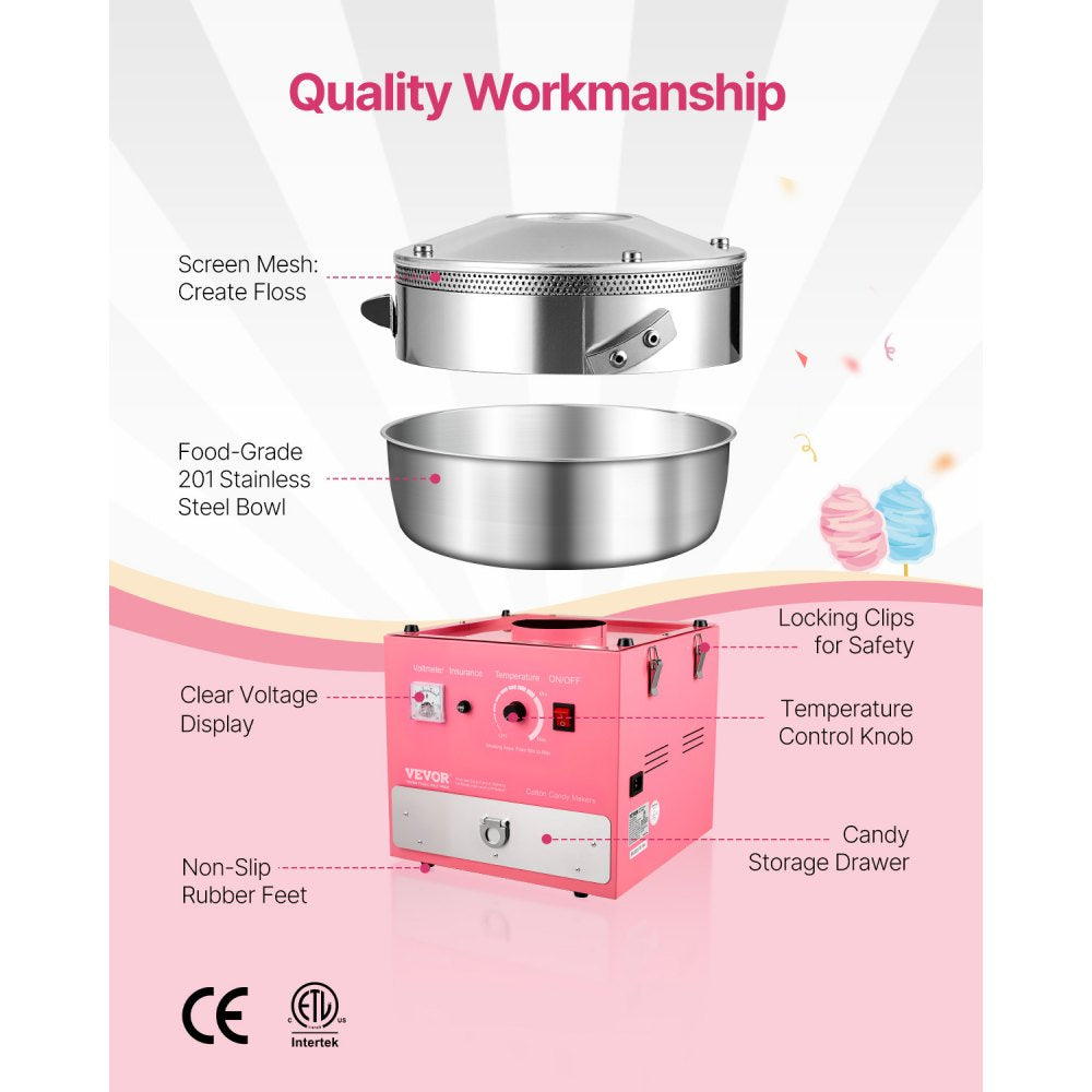 VEVOR Electric Cotton Candy Machine, 1000W Commercial Candy Floss Maker with 20.5 in Stainless Steel Bowl, Sugar Scoop, and Drawer, Easy Home Use, Perfect for Kids Birthday, Family Party, Pink