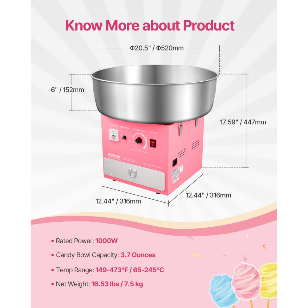 VEVOR Electric Cotton Candy Machine, 1000W Commercial Candy Floss Maker with 20.5 in Stainless Steel Bowl, Sugar Scoop, and Drawer, Easy Home Use, Perfect for Kids Birthday, Family Party, Pink
