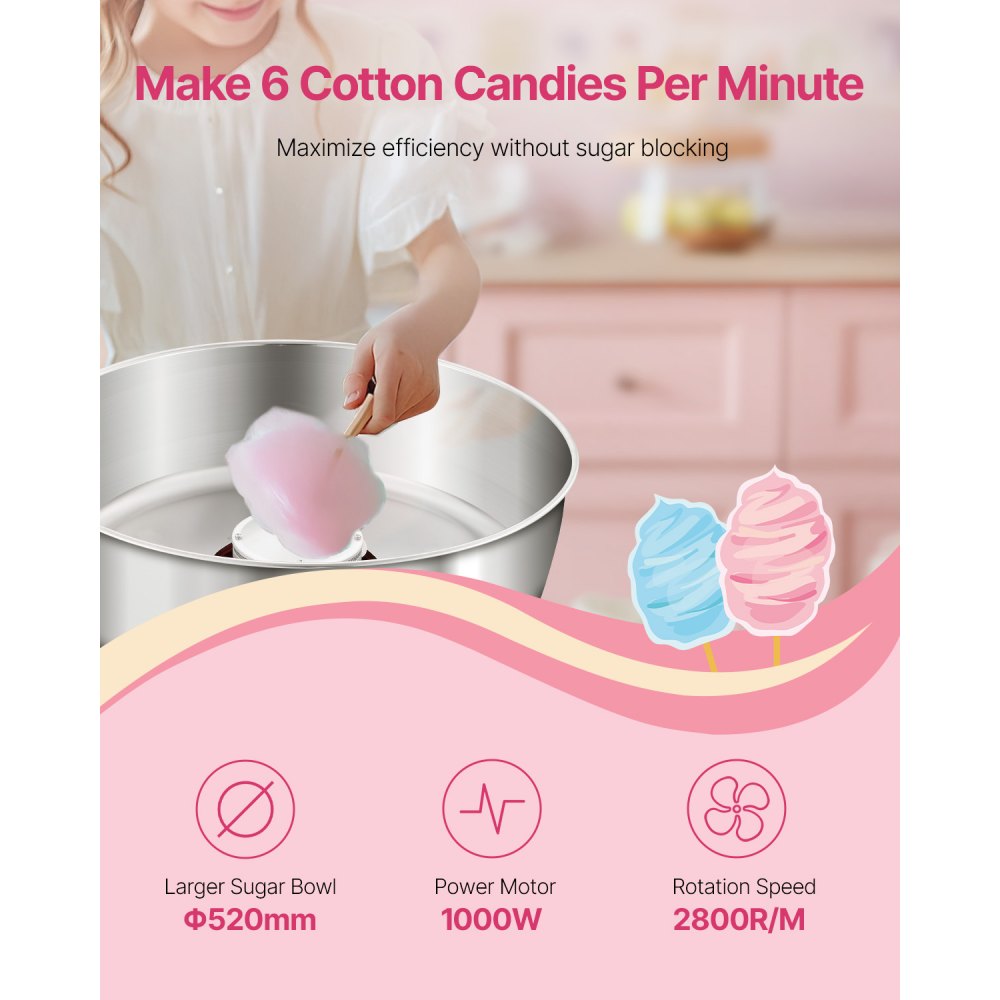 VEVOR Electric Cotton Candy Machine, 1000W Commercial Candy Floss Maker with 20.5 in Stainless Steel Bowl, Sugar Scoop, and Drawer, Easy Home Use, Perfect for Kids Birthday, Family Party, Red