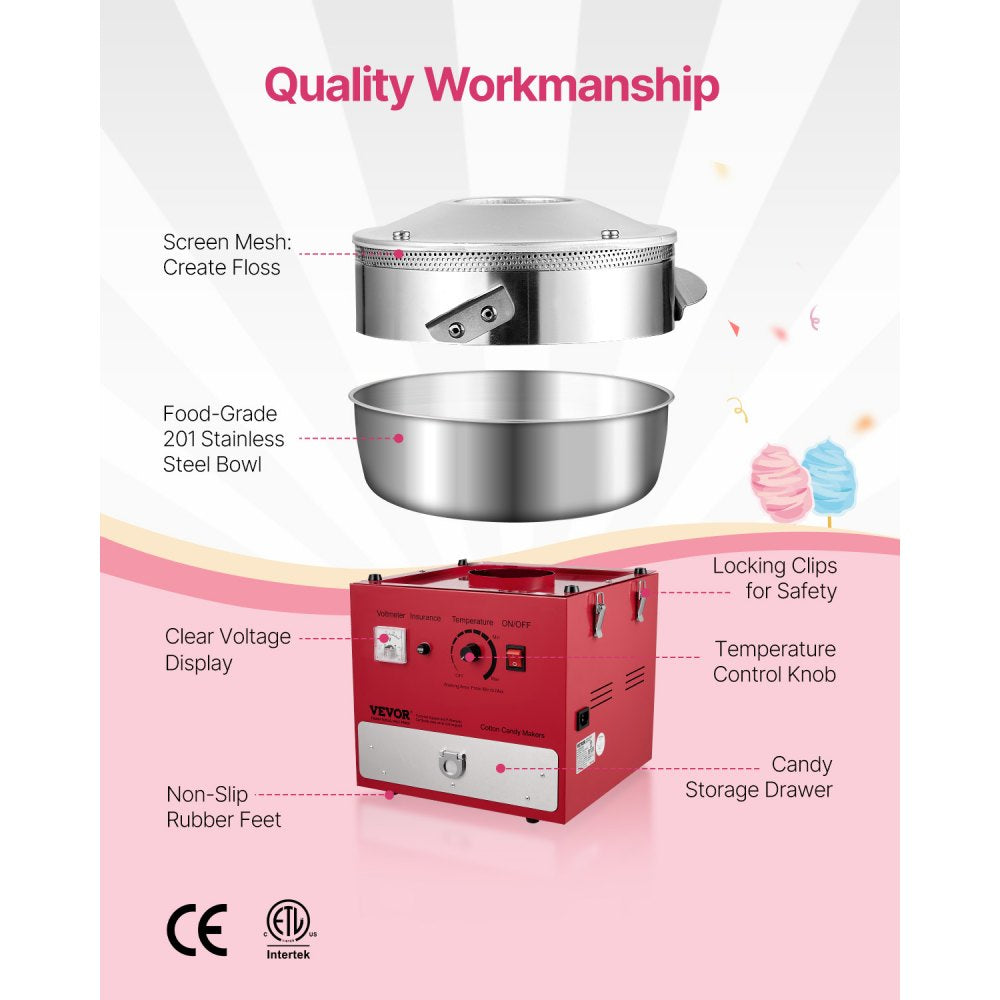 VEVOR Electric Cotton Candy Machine, 1000W Commercial Candy Floss Maker with 20.5 in Stainless Steel Bowl, Sugar Scoop, and Drawer, Easy Home Use, Perfect for Kids Birthday, Family Party, Red