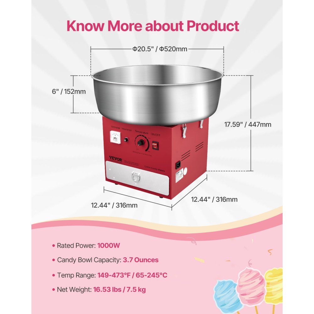 VEVOR Electric Cotton Candy Machine, 1000W Commercial Candy Floss Maker with 20.5 in Stainless Steel Bowl, Sugar Scoop, and Drawer, Easy Home Use, Perfect for Kids Birthday, Family Party, Red