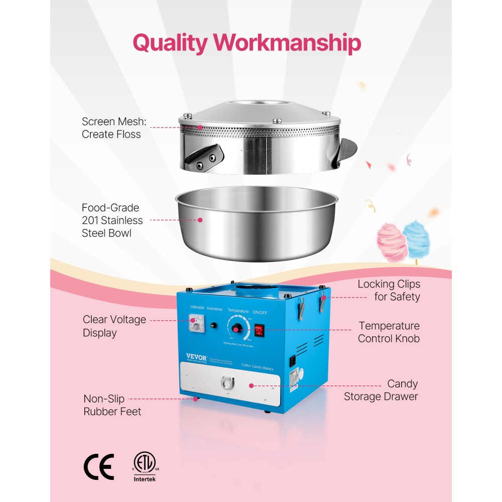 VEVOR Electric Cotton Candy Machine, 1000W Commercial Candy Floss Maker with 20.5 in Stainless Steel Bowl, Sugar Scoop, and Drawer, Easy Home Use, Perfect for Kids Birthday, Family Party, Blue