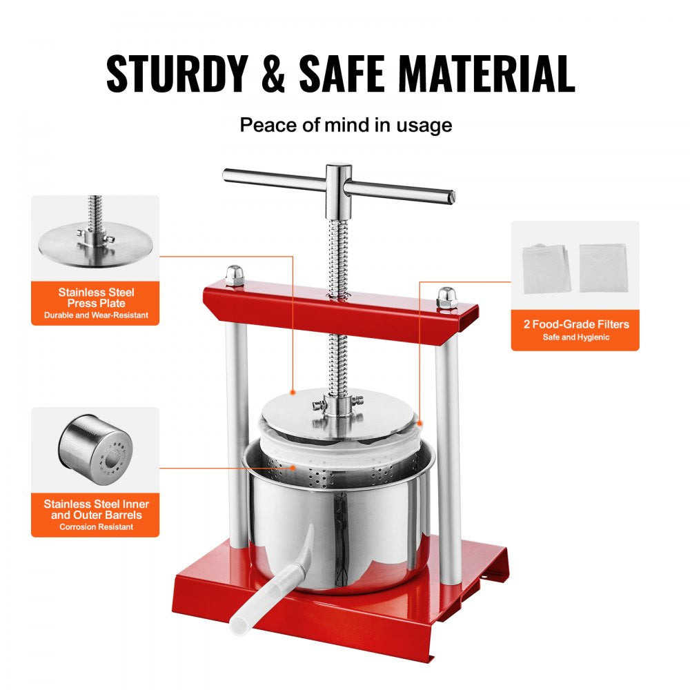 VEVOR Fruit Wine Press, 0.8 Gallon/3L, 2 Stainless Steel Barrels, Manual Juice Maker, Cider Apple Grape Tincture Vegetables Honey Olive Oil Making Press with T-Handle for Outdoor, Kitchen, and Home